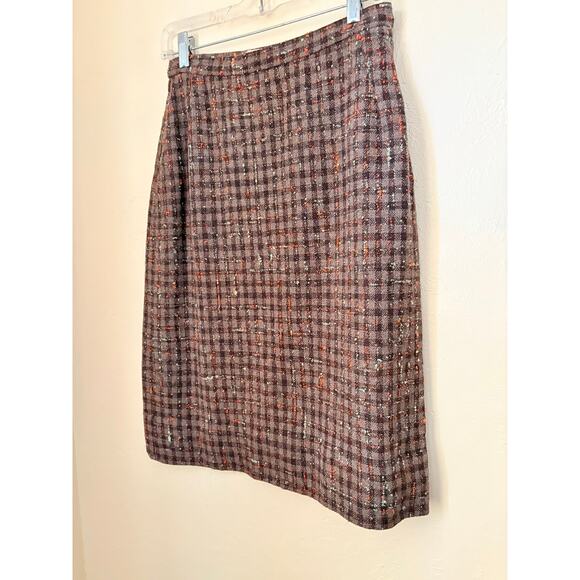 Vintage 60s A Sassy Skirt Brown Plaid Wool Tweed High Waist Midi A-Line S/M - Picture 3 of 5